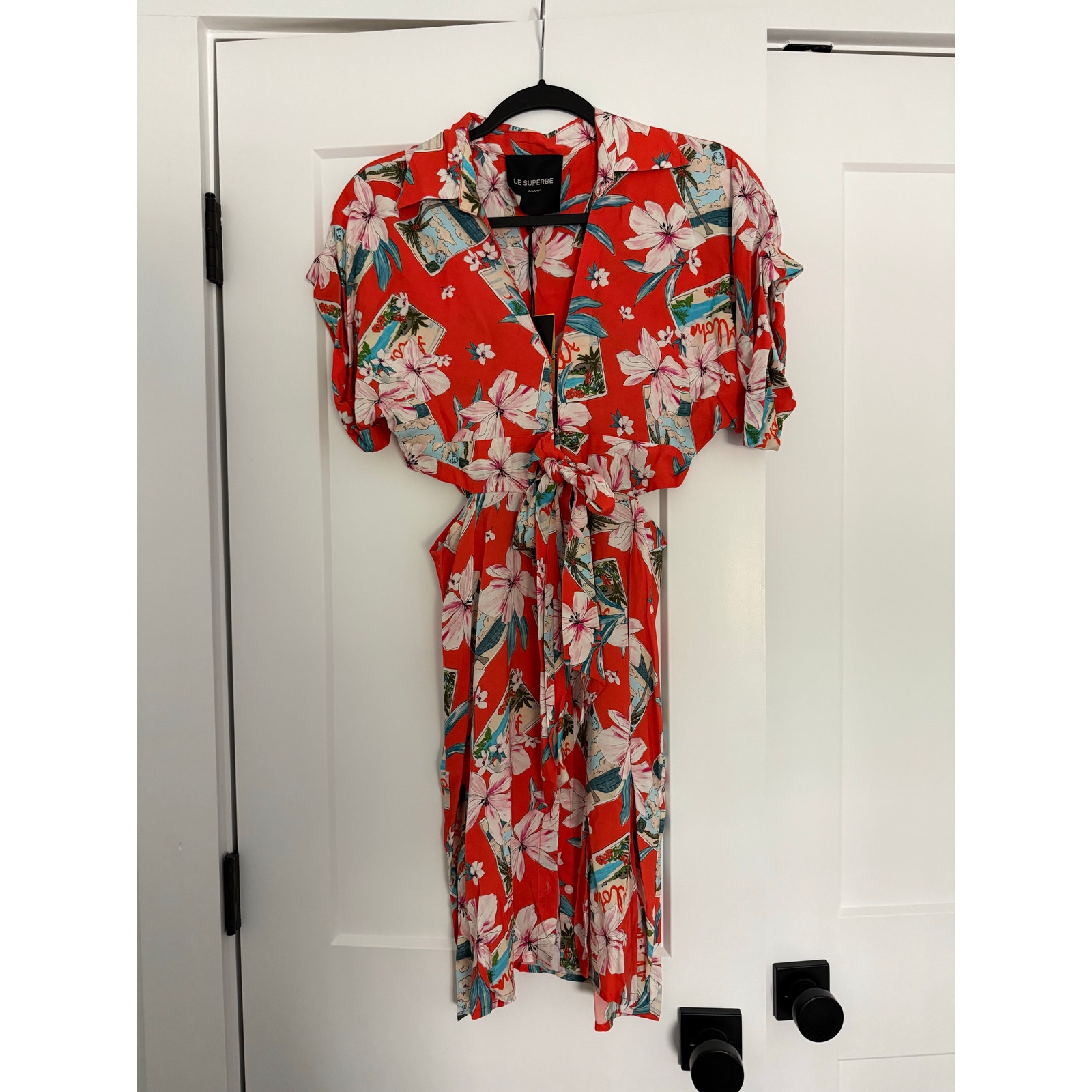 Bright Floral Midi Dress - Red Floral Tie-Waist